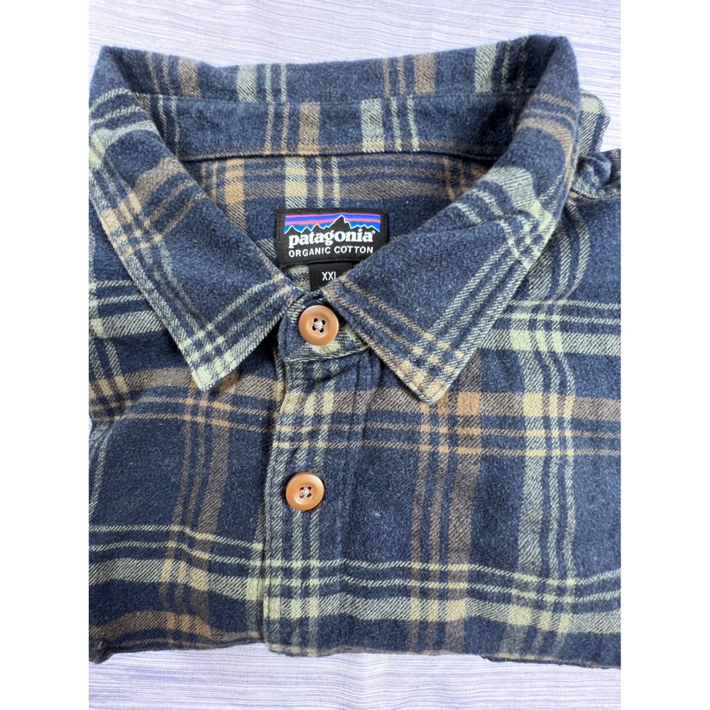 Patagonia Fjord Flannel Shirt Mens XXL Navy Blue Green Plaid Organic Cotton